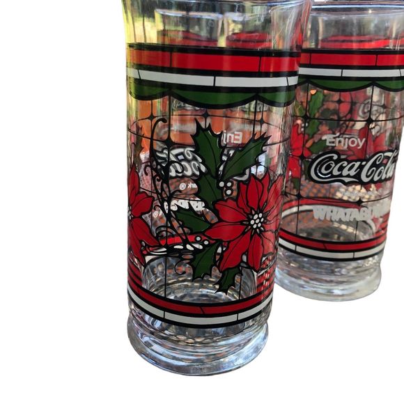 Lot of 7 Coca-Cola & Whataburger Christmas Stained Glass Beverage Glasses - Picture 2 of 8